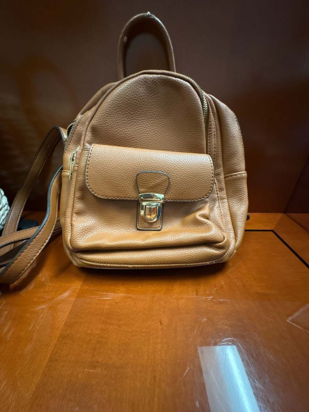 Tan Faux Leather Mini Backpack with Gold Hardware and Front Pocket